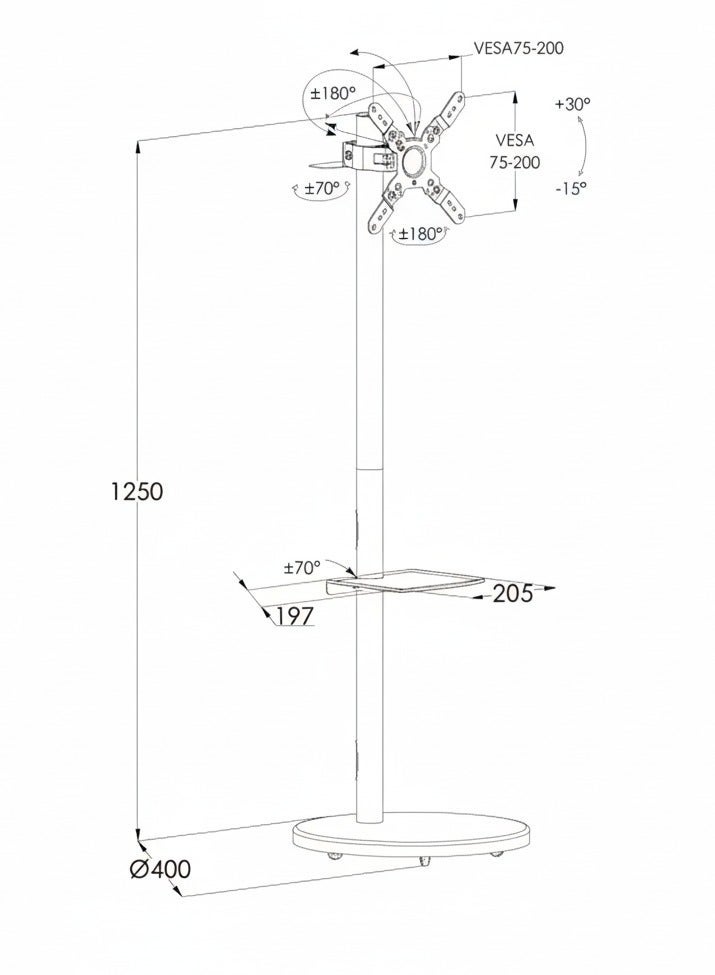 BEETEC Mobile Monitor Stand for 14"–40" Screens, VESA 200x200mm, 12kg Load Capacity, Adjustable Height, Tilt, Swivel & Rotation, with Wheels and Storage Tray, White | TF-FMS801W - Image 5